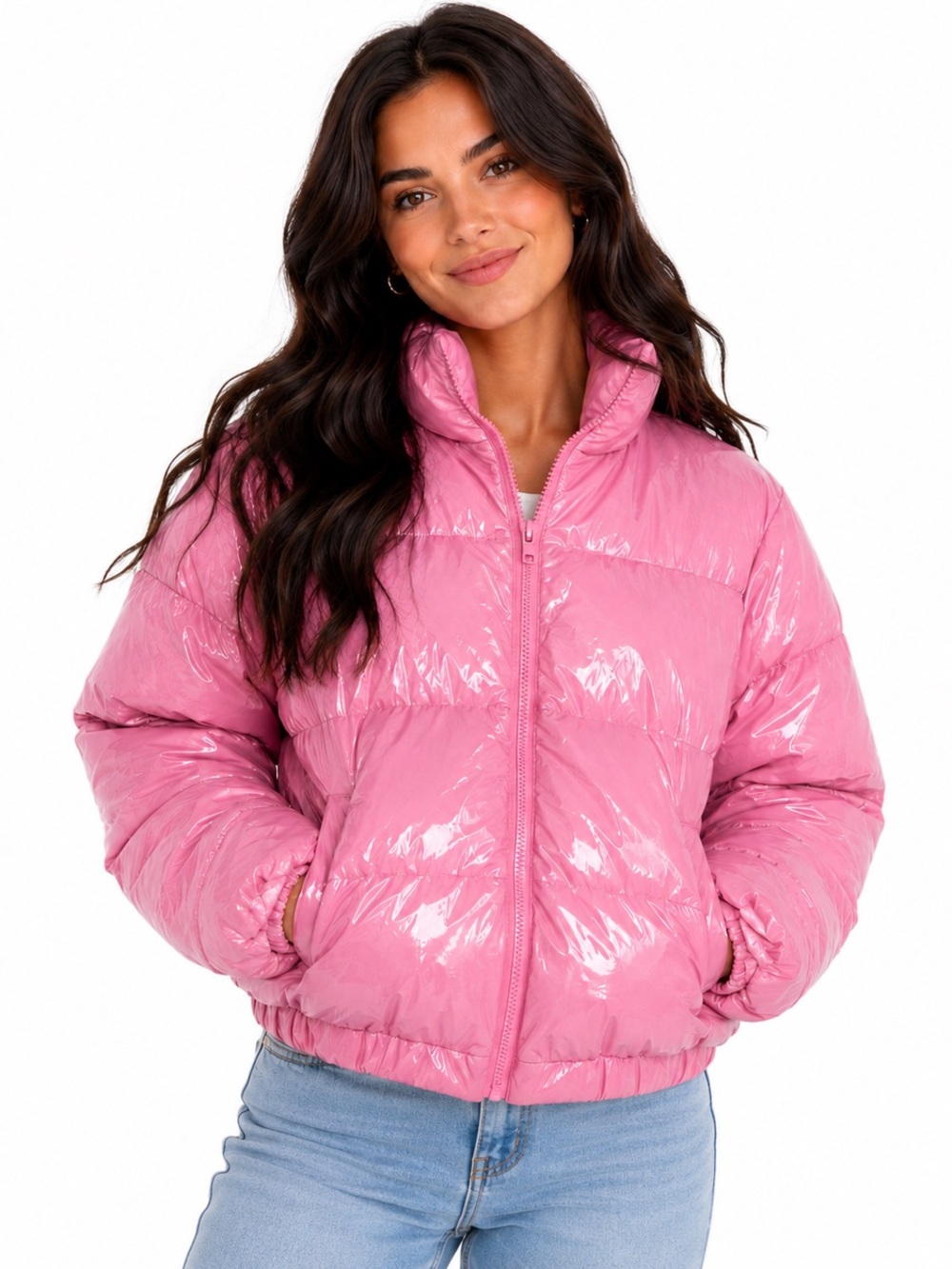 Ame Belle Shiny Gloss Pink Puffer Jacket - Women's Lightweight Coat-Size XS